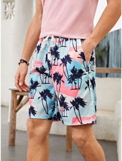 Men Tropical Print Drawstring Waist Shorts