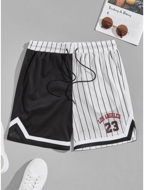 SHEIN Men Pinstriped Letter Graphic Contrast Tape Drawstring Shorts