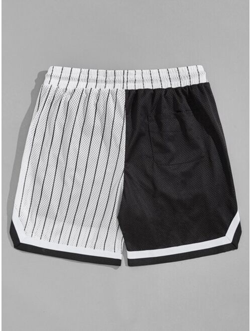 SHEIN Men Pinstriped Letter Graphic Contrast Tape Drawstring Shorts