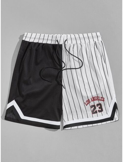 SHEIN Men Pinstriped Letter Graphic Contrast Tape Drawstring Shorts