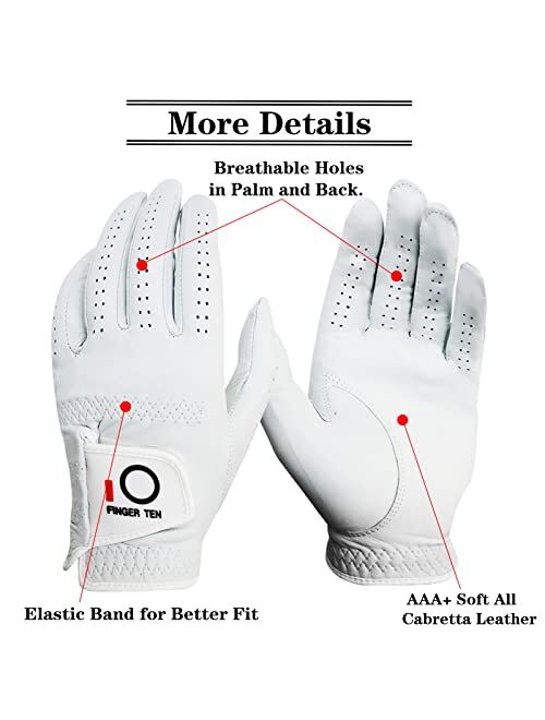 Finger Ten Golf Gloves Men Right Handed Golfer Left Hand 3 Pack 2022 New Cabretta Leather White Soft All Weather Grip Breathable Lightweight Flexible Glove