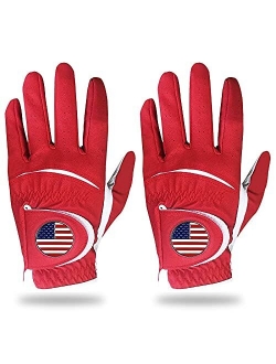 Finger Ten Golf Gloves Men Left Hand with Ball Marker Right Hand USA Flag Value 2 Pack, Premium Leather Weathersof Grip Soft Mens Glove Size Small Medium ML Large XL