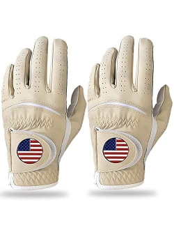 Finger Ten Golf Gloves Men Left Hand with Ball Marker Right Hand USA Flag Value 2 Pack, Premium Leather Weathersof Grip Soft Mens Glove Size Small Medium ML Large XL