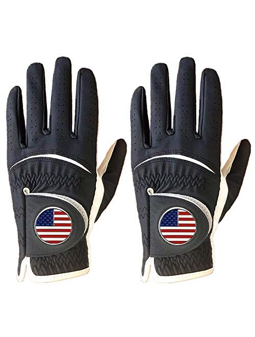 Finger Ten Golf Gloves Men Left Hand with Ball Marker Right Hand USA Flag Value 2 Pack, Premium Leather Weathersof Grip Soft Mens Glove Size Small Medium ML Large XL