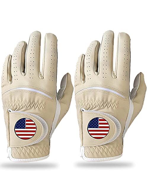 Finger Ten Golf Gloves Men Left Hand with Ball Marker Right Hand USA Flag Value 2 Pack, Premium Leather Weathersof Grip Soft Mens Glove Size Small Medium ML Large XL