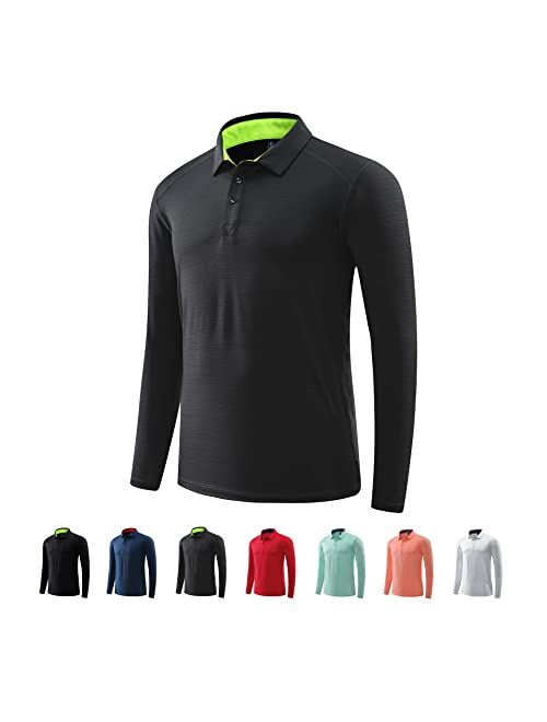 MAXERIA Active Long Sleeve Polo Shirts for Men Dry Fit Stretch Pique Jersey Golf Shirts for Men Moisture Wicking Mens Shirts