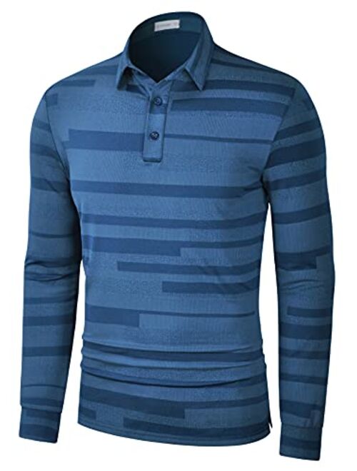 LE VONFORT Mens Striped Performance Long Sleeve Golf Polo Shirts Quick Dry Athletic Collared Shirt