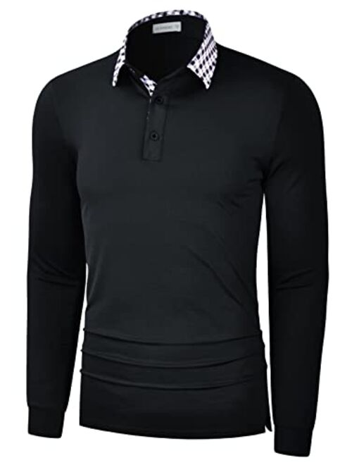 LE VONFORT Mens Striped Performance Long Sleeve Golf Polo Shirts Quick Dry Athletic Collared Shirt