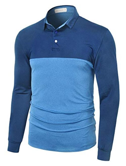 LE VONFORT Mens Striped Performance Long Sleeve Golf Polo Shirts Quick Dry Athletic Collared Shirt