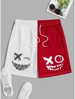 Men Cartoon Graphic Two Tone Drawstring Waist Shorts