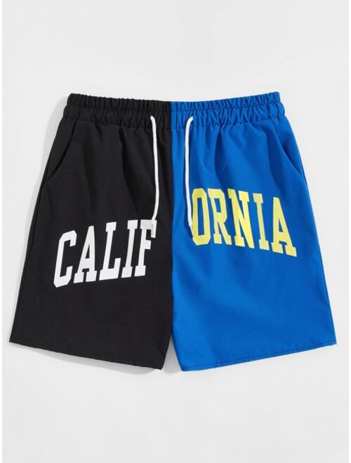 ROMWE Guys Colorblock Letter Print Drawstring Shorts