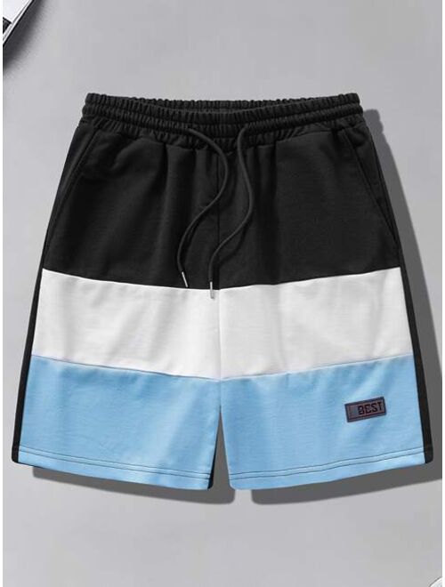 Shein Men Color Block Letter Patched Detail Drawstring Waist Shorts