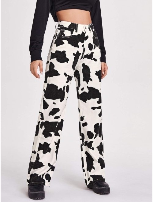 Buy WDIRARA Women's Cow Print High Waist Wide Leg Jeans Casual Long ...