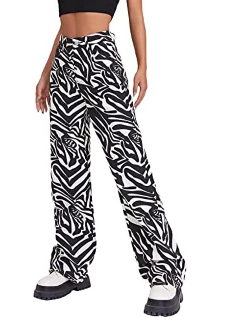 WDIRARA Women's Cow Print High Waist Wide Leg Jeans Casual Long Denim Pants