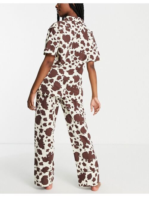 Daisy Street short sleeve shirt and pajama pants with eye mask in cow print