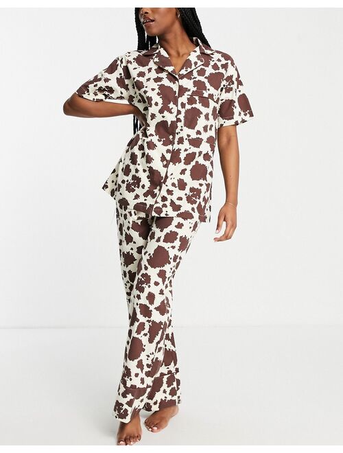 Daisy Street short sleeve shirt and pajama pants with eye mask in cow print