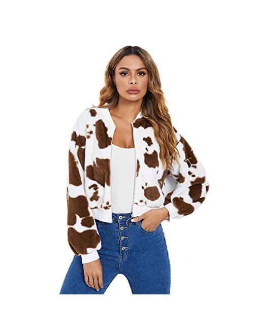 Romwe Women's Casual Zip Up Cow Print Fuzzy Bomber Jacket Tops