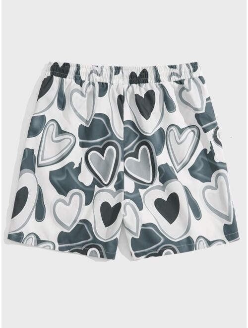 ROMWE Guys Heart Print Drawstring Shorts