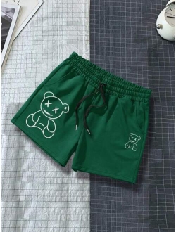 Men Bear Print Drawstring Waist Shorts