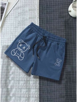 Men Bear Print Drawstring Waist Shorts