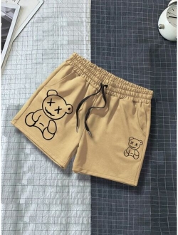 Men Bear Print Drawstring Waist Shorts