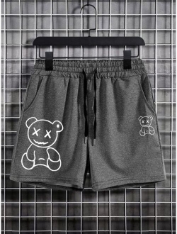 Men Bear Print Drawstring Waist Shorts