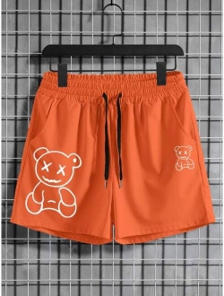 Men Bear Print Drawstring Waist Shorts