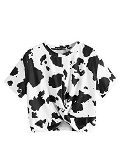 Women's Cow Print Twist Front Round Neck Short Sleeve Crop Tee Top
