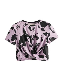 Women's Cow Print Twist Front Round Neck Short Sleeve Crop Tee Top