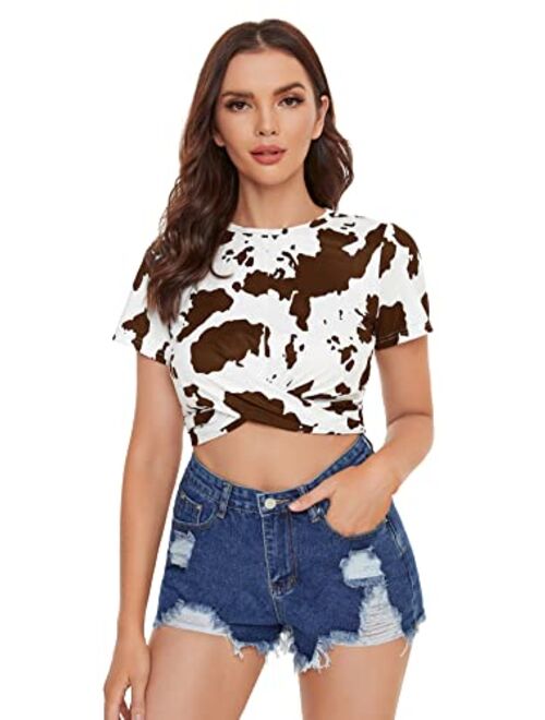 Milumia Women's Cow Print Twist Front Round Neck Short Sleeve Crop Tee Top