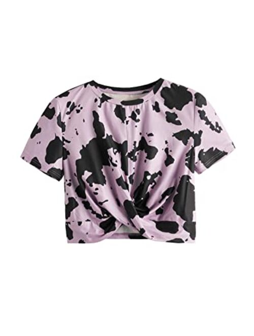 Milumia Women's Cow Print Twist Front Round Neck Short Sleeve Crop Tee Top