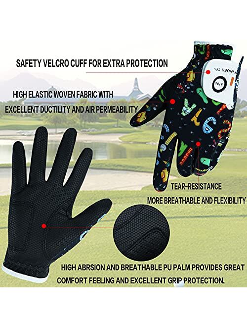 Finger Ten Kids Golf Gloves Boys Girls Left Right Hand Breathable Value 2 Pack Gift Set for Junior Youth Toddler White Black Green