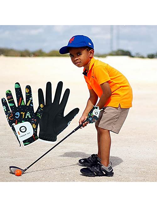 Finger Ten Kids Golf Gloves Boys Girls Left Right Hand Breathable Value 2 Pack Gift Set for Junior Youth Toddler White Black Green