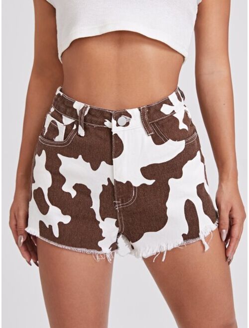 Shein Cow Print Raw Hem Denim Shorts