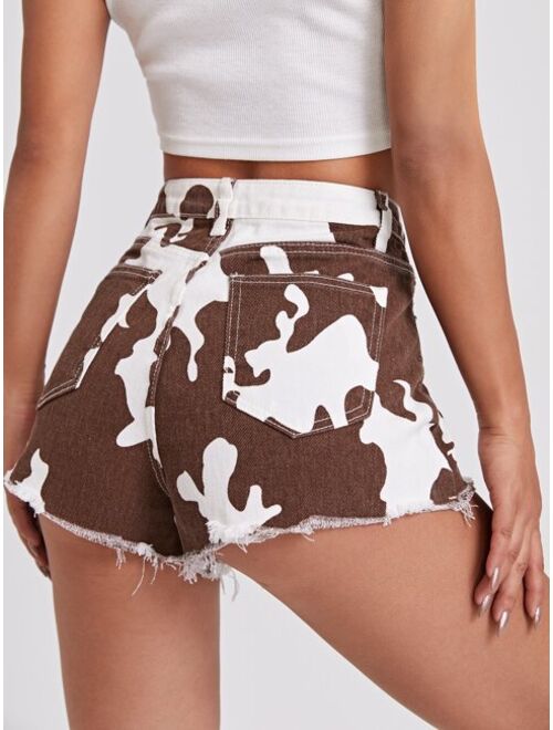 Shein Cow Print Raw Hem Denim Shorts