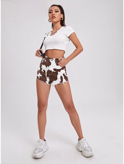 Shein Cow Print Raw Hem Denim Shorts