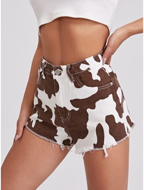 Shein Cow Print Raw Hem Denim Shorts