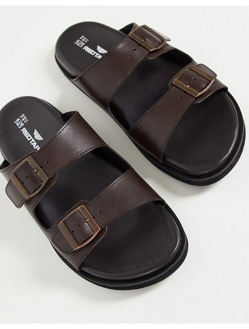 Red Tape double buckle slider sandals in brown leather