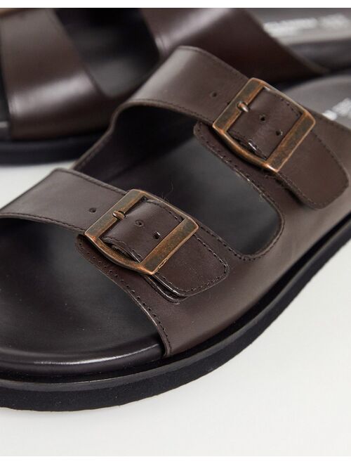 Red Tape double buckle slider sandals in brown leather