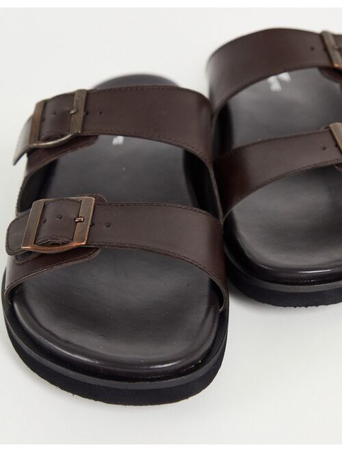 Red Tape double buckle slider sandals in brown leather