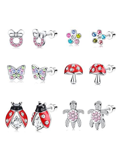 Sanfenly 6 Pairs Screw Back Earrings for Women Teen Girls 316L Stainless Steel Hypoallergenic Flower Butterfly Turtle Mushroom Cute Stud Earrings with Screw Back