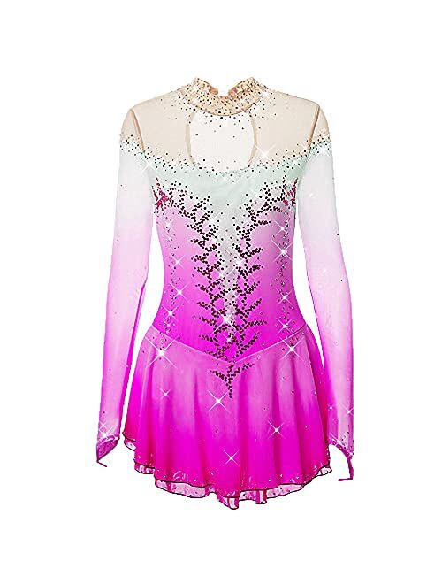 LIUHUO Ice Skating Dress Girls and Women Pink Handmade Figure Skating Professional Competition Costume Long Sleeved Dress