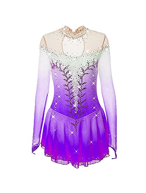 LIUHUO Ice Skating Dress Girls and Women Pink Handmade Figure Skating Professional Competition Costume Long Sleeved Dress