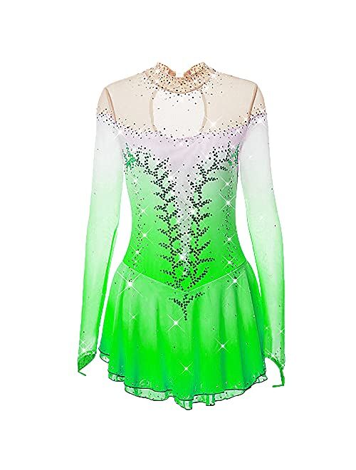 LIUHUO Ice Skating Dress Girls and Women Pink Handmade Figure Skating Professional Competition Costume Long Sleeved Dress