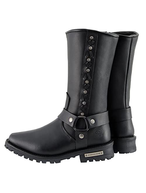 Milwaukee Leather MBM9025 Men's Black Harness Boots with Braid and Riveted Details