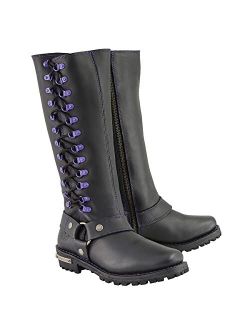 Milwaukee Leather MBL9366 Ladies Black 14-inch Leather Harness Boots with Purple Accent Lacing