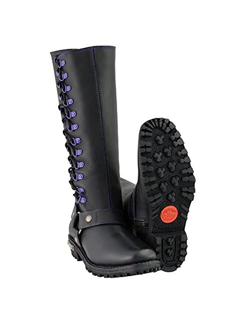 Milwaukee Leather MBL9366 Ladies Black 14-inch Leather Harness Boots with Purple Accent Lacing