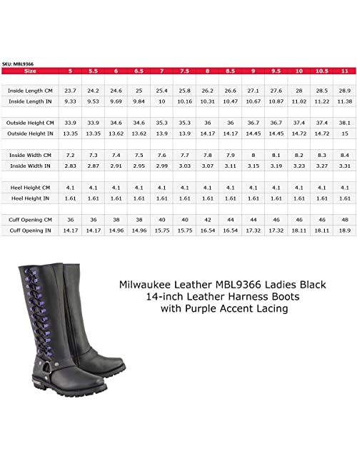 Milwaukee Leather MBL9366 Ladies Black 14-inch Leather Harness Boots with Purple Accent Lacing