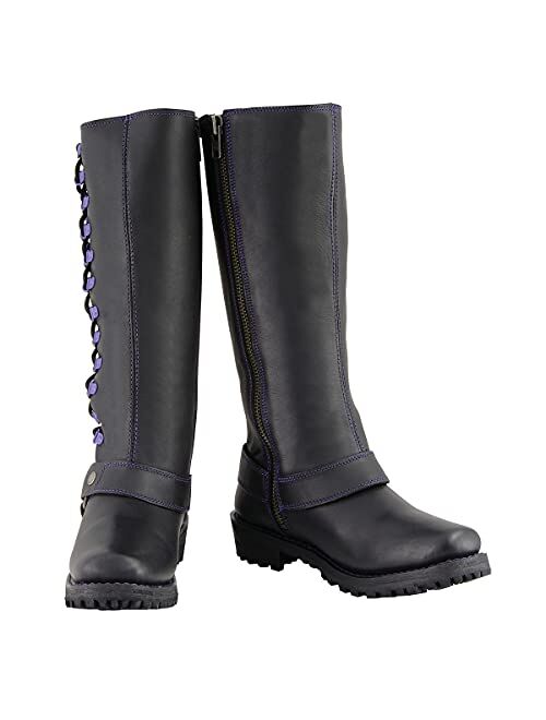 Milwaukee Leather MBL9366 Ladies Black 14-inch Leather Harness Boots with Purple Accent Lacing