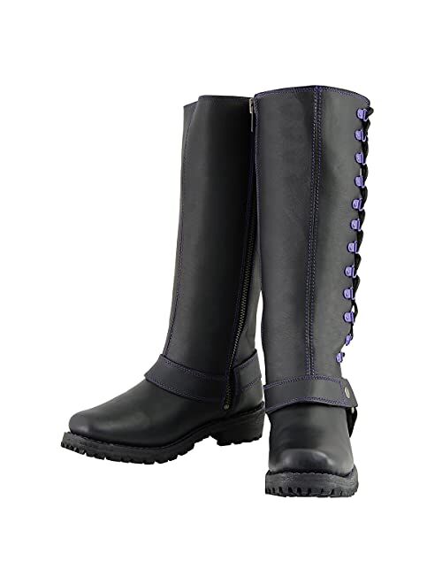 Milwaukee Leather MBL9366 Ladies Black 14-inch Leather Harness Boots with Purple Accent Lacing